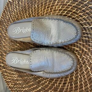 Brighton silver studded mules Women's 7M pebbled backless Flats metallic EUC